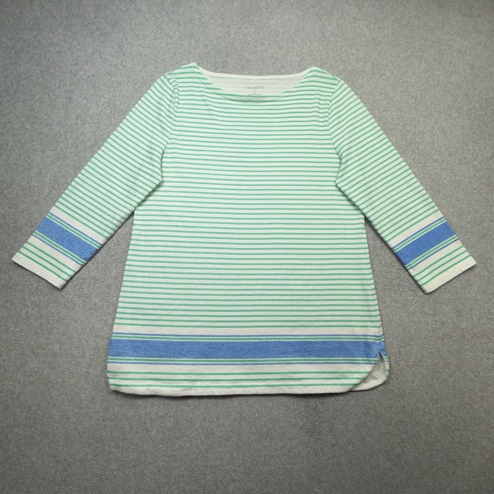 Talbots Tee Shirt Womens Medium Green Stripe 3/4 Sleeve Boat Neck Tunic Top